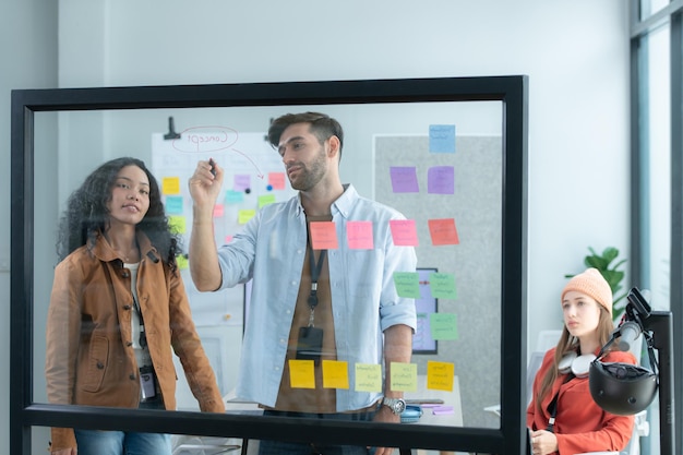 Zakelijk team brainstormsessie met whiteboard, sticky notes en laptops