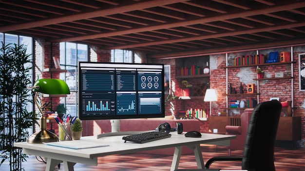 Moderne werkruimte met designers aan computers, digitale schermen met data visualisaties