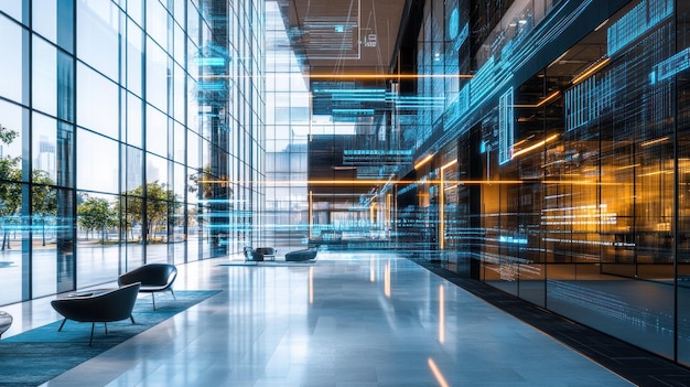 Modern kantooromgeving met glazen gebouwen en technologie