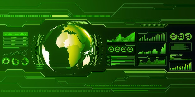 Futuristische zakelijke presentatie met holografische projecties en groene technologie iconen